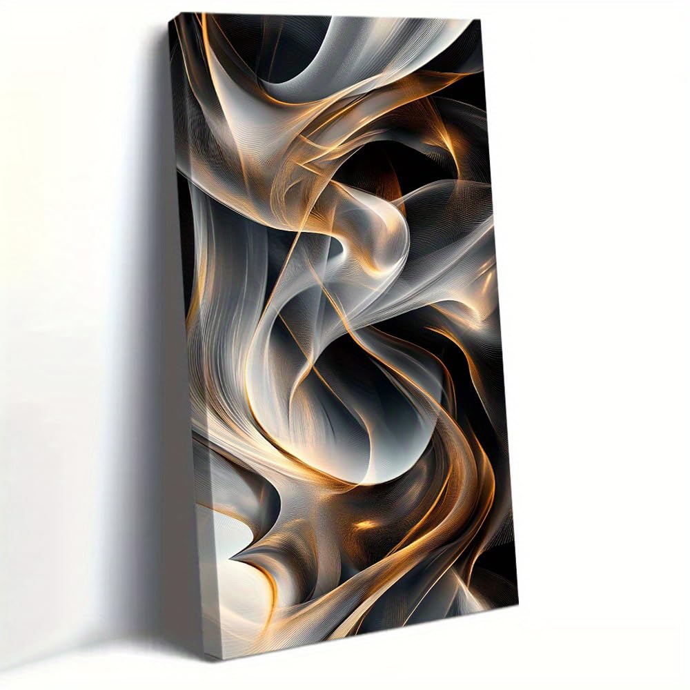 UUDEZO Framed Abstract Golden and White Canvas Art Print Dynamic Lines Contemporary Home Decor(20x40cm(8x16in)