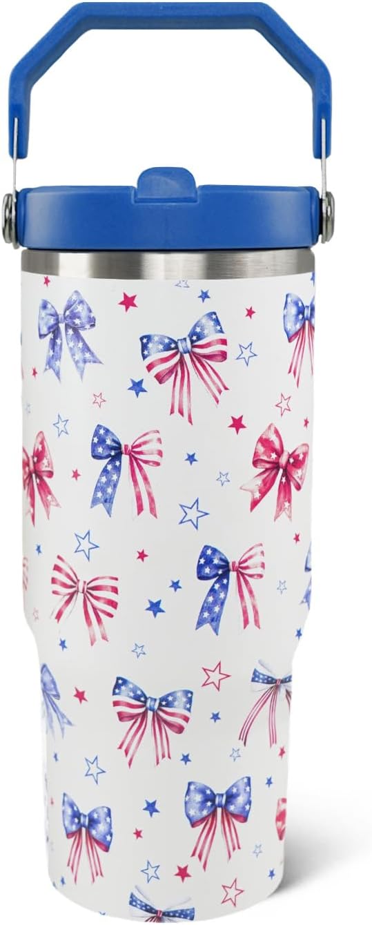 30oz 4th of July Flip Tumbler with Handle, Patriotic American Flag Insulated Travel Coffee Mug Water Bottle, 4th of July Decor, Patriotic Military Gifts for Veterans & Men