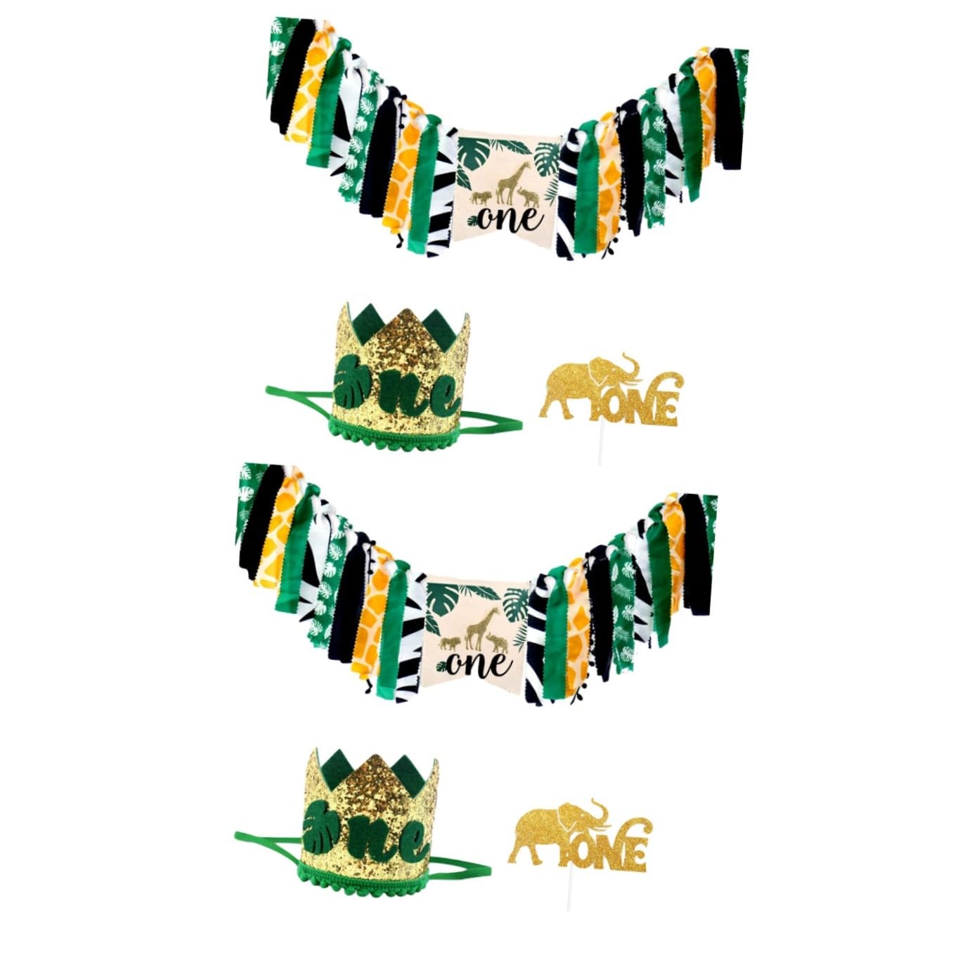 ifundom 2 Sets Babys 1. Geburtstag Hochstuhl Banner Kuchen Topper Krone Hut 1. Geburtstag Lieferungen Dschungel Tier Stil 3 Stücke * 2