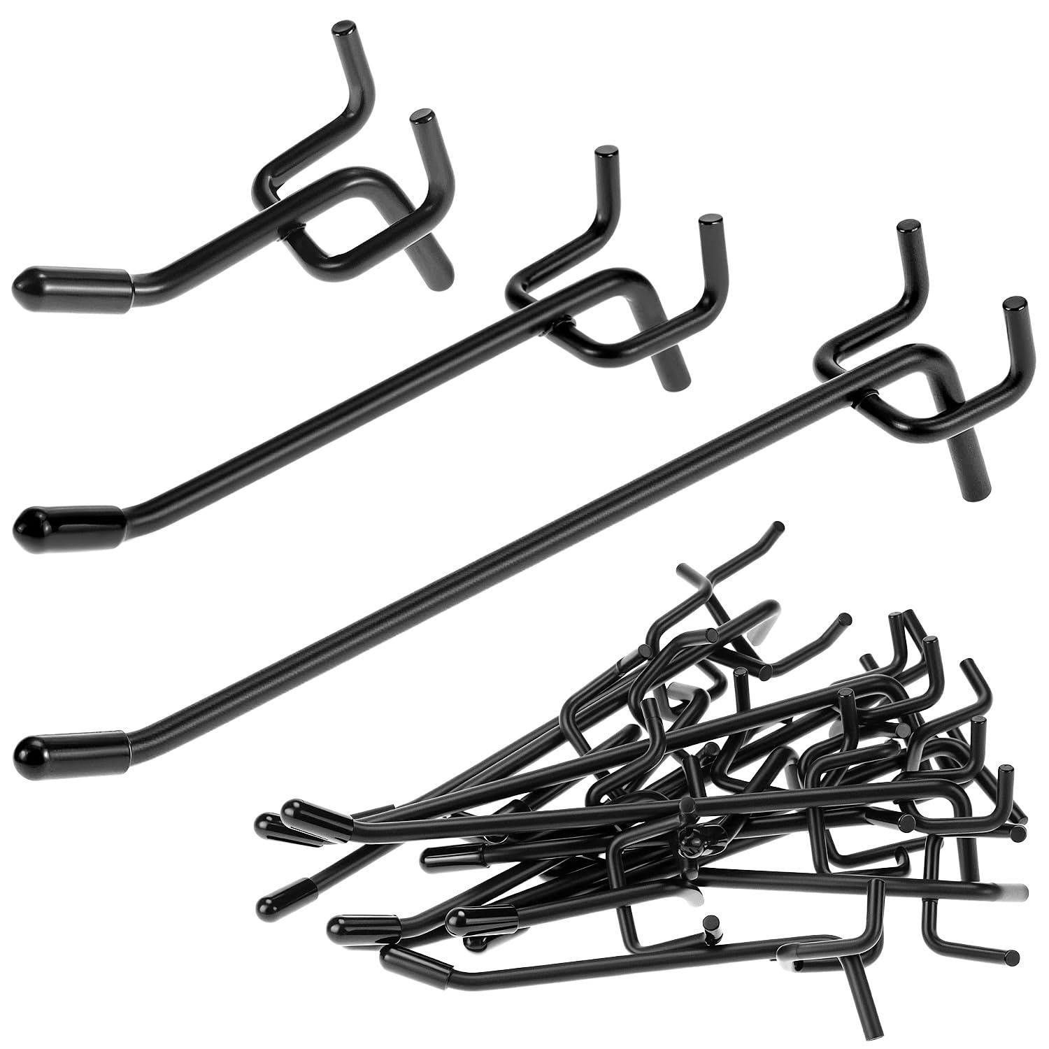 QWORK 60Pcs Black Pegboard Hooks, 2/4/6 Inch Metal L-Shaped Peg Board Hooks for 1/4 Inch Pegboard – Heavy Duty Tool Organizer for Garage, Workshop & Kitchen – Wall Hanging Pegs