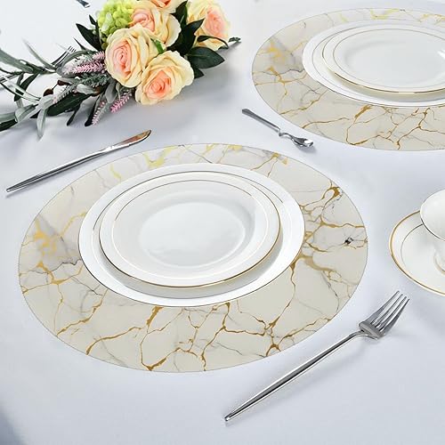 Miniatura 4 de Marble Print Gold Texture Round Place Mats Set of 6, Heat Resistant Washable Placemats Polyester Round Table Mats for Kitchen Home Decor Holiday