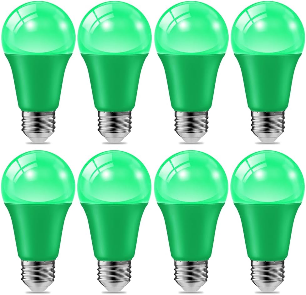 haraqi 8 Pack 9W (60W Equivalent) 120V E26 Base A19 LED Colored Light Bulb, Green LED Lights for Party Christmas Decor and Halloween Lighting