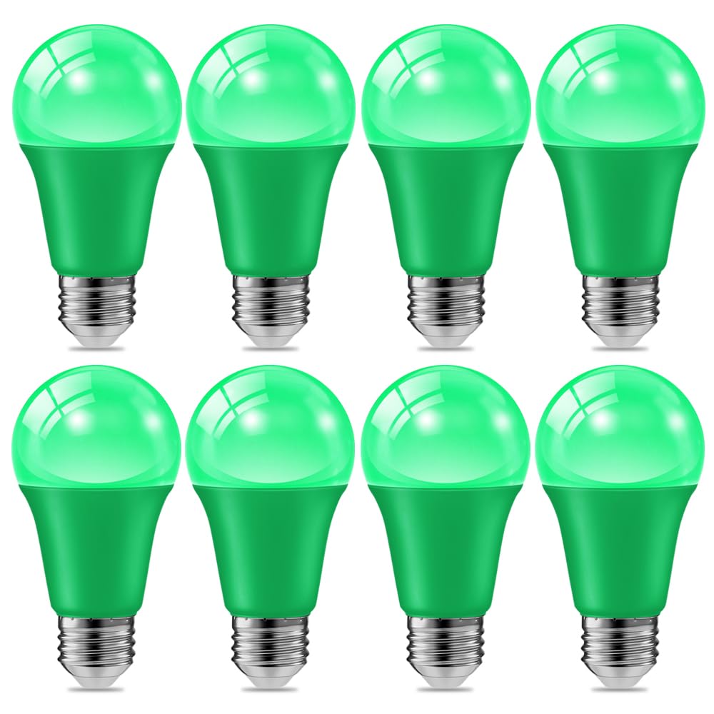 8 Pack 9W (60W Equivalent) 120V E26 Base A19 LED Colored Light Bulb, Green LED