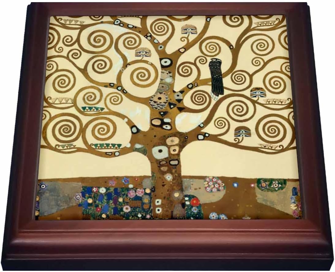 3dRose The Tree of Life 1909 by Gustav Klimt-Stylish Swirling Branches-Fine Art Deco Swirls Trivet with Ceramic Tile, 8 by 8", Brown
