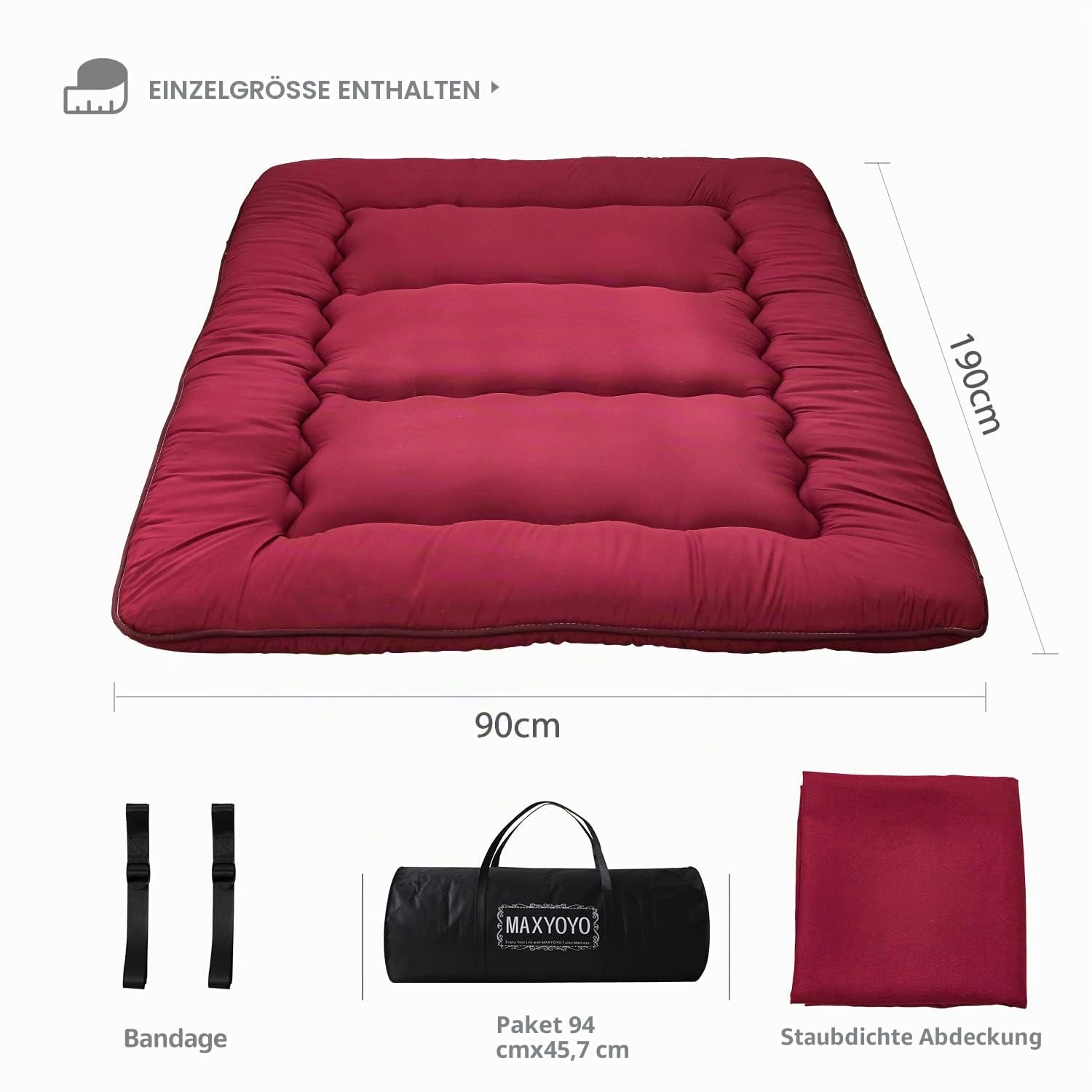 MAXYOYO Klappmatratze Futon Matratze Bodenmatratze Gepolsterte Japanische Tatami Gesteppte Bett, Dicke Faltmatratze Schlafmatte Rollmatratze Bodenliege Gästematratze (Burgunderfarben, 90x190 cm)