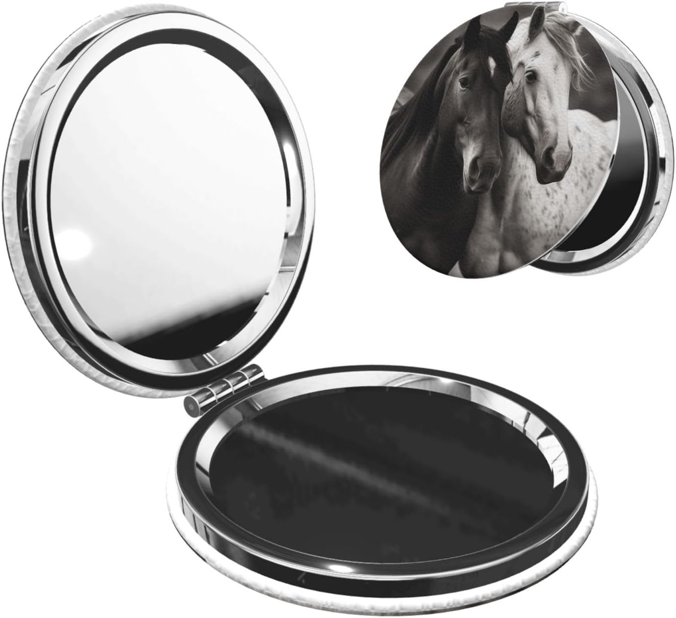 Black and White Horses Compact Mirror for Purse, Double-Sided 2X/1X Magnifying Mirror for Women Men, Travel Makeup Mirror for Handbag, Handheld Vanity Mirror for Gift