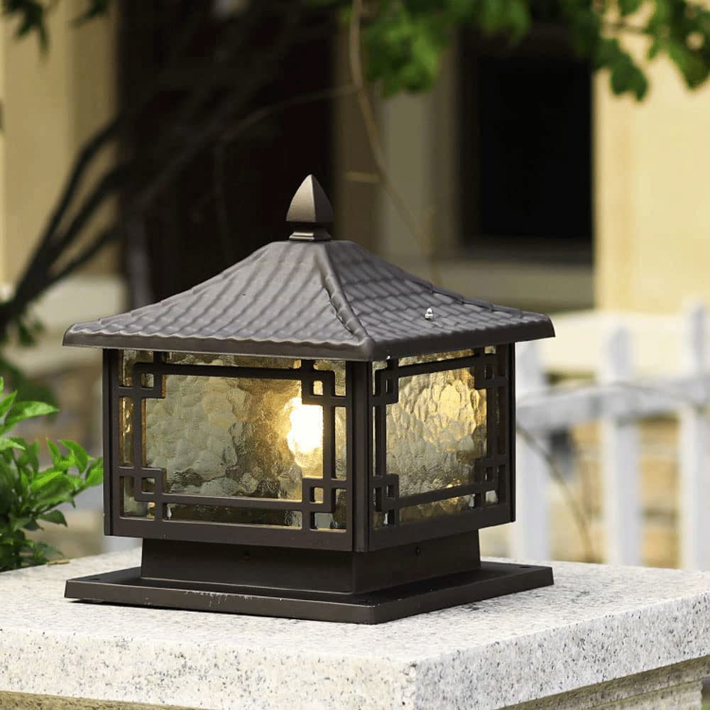 Retro Square PillarLamp, IP65 wasserdichte Säulenleuchten, Säulenlampe aus Druckguss-Aluminium, Lampenschirm aus Glas, Lampe mit E27-Sockel, Villa-Rasen-Garten-Landschaftslampe