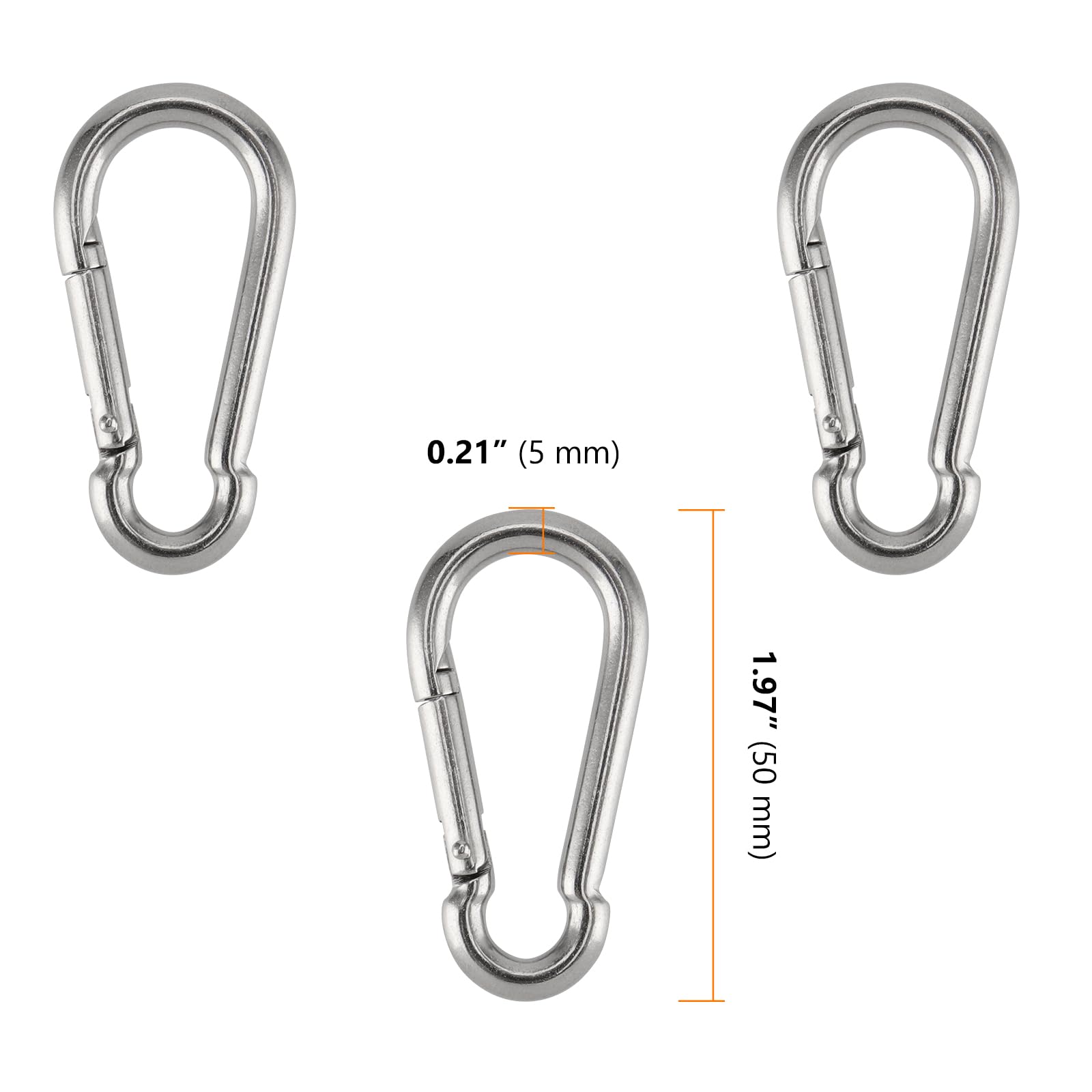 15 Mosquetones de Acero Inoxidable de 5 mm x 50 mm, con Cierre a Presión, Mosquetones Pequeños de Acero Inoxidable para Ayuda de Tracción, como Cuerdas de Carga, Columpios