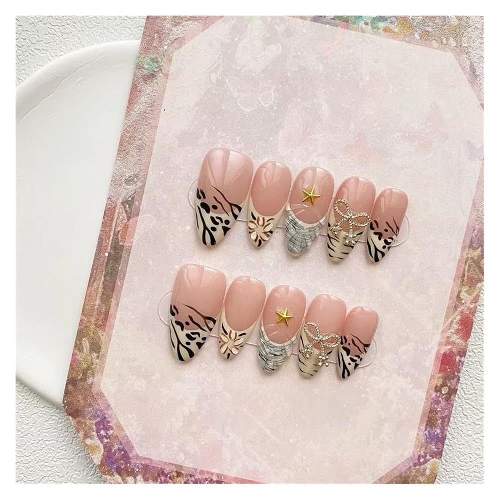 10Pcs Almond Handmade Press On False Nails Reusable Adhesive Leopard French Fake Nails Manicure Decorations(Large)