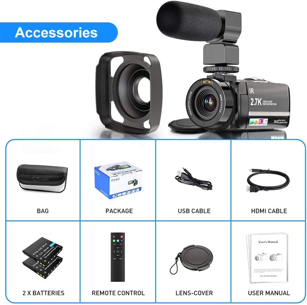 Video Camera Camcorder 2.7K 36MP UHD IR Night Vision Digital Camcorder 16X Digital Zoom 3 inch IPS Touch Screen Video Camcorder with Microphone, Lens Hood and Camera Holder