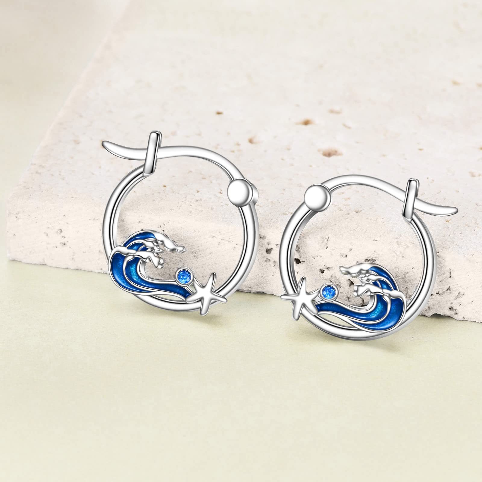 YFN Pendientes de estrella de mar de playa para mujer, plata de ley, océano, ola, aro, pendientes