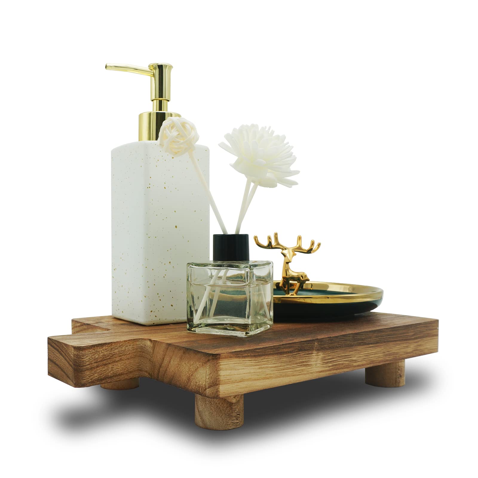 Handmade Wooden Tray with Soap Pads, Practical Bathroom and Kitchen Decoration for Soap, Bath Bottles, Candles, Toilet Paper,Plant Holder (Include 2 Pcs Yellow Sponges)