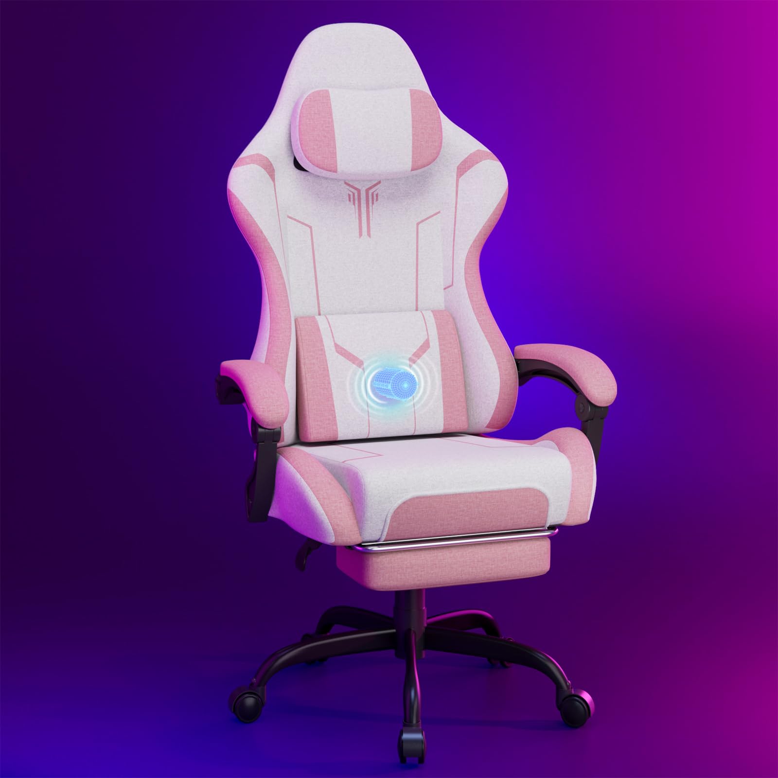 Soontrans Silla Gaming con Masaje Lumbar Silla Gamer con Reposapiés Retráctil y Cojín Sillas Gaming Respaldos Inclinables hasta 135 Grados Capacidad de Carga de 150 kg (Rosa)