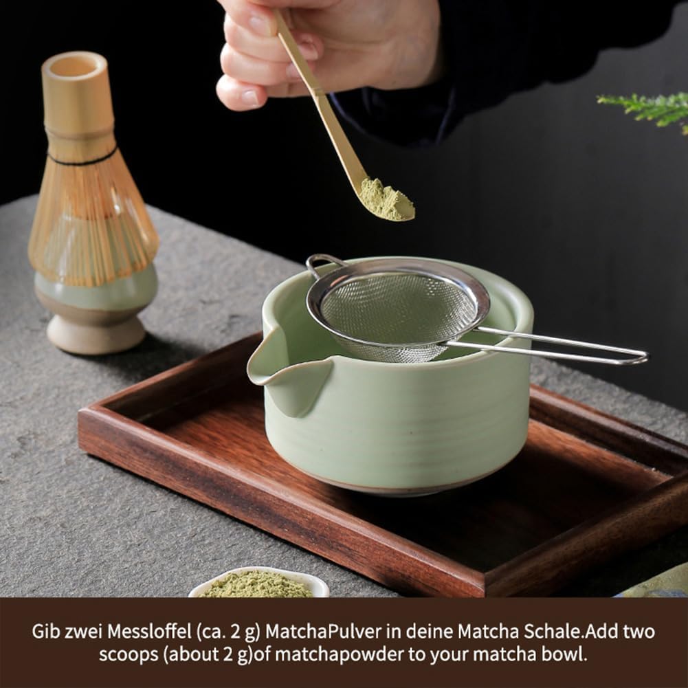 Matcha Traditional Porcelain Tea Bowl with Pour Spout - Hand Made Porcelain with Light Green Matte Glaze - Perfectly Whisked Matcha Green Tea, 430ml/ 14.5oz