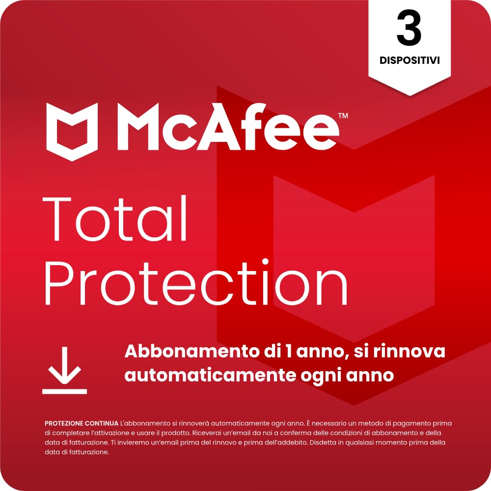 McAfee Total Protection - 3 Dispositiv 2026 | Antivirus, VPN gestore delle password, software di sicurezza, monitoraggio dell'identità | Abbonamento di 1 anno con rinnovo automatico, Scarica