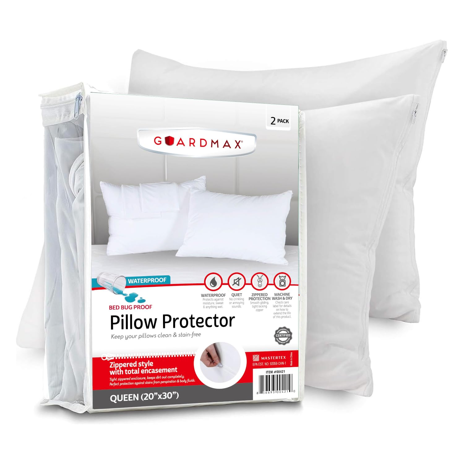 Guardmax Waterproof Pillow Protectors Queen Bed Bug Proof | Hypoallergenic Zippered Encasement Covers | Set of 2 Queen Size (20"x30")
