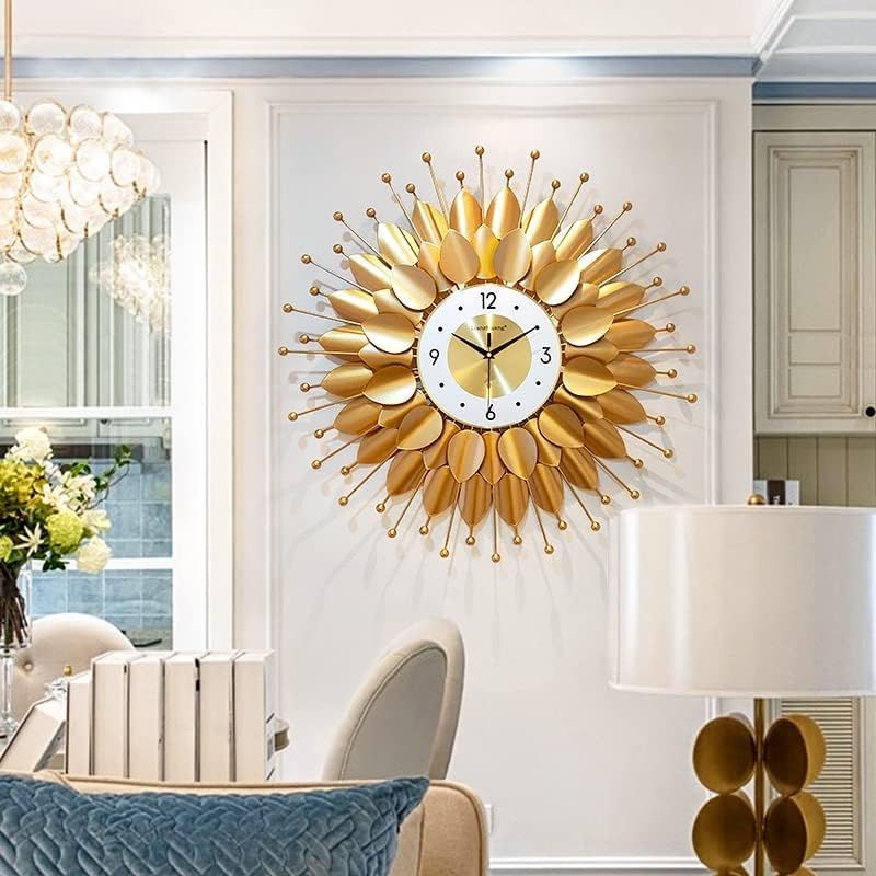 Image of European Style Luxury Living Room Analog Silent Creative Personality Metal Large Clock Sunflower Simple Modern Art Wall Decorative Clock (Petal Sun Clock 70x70cm)