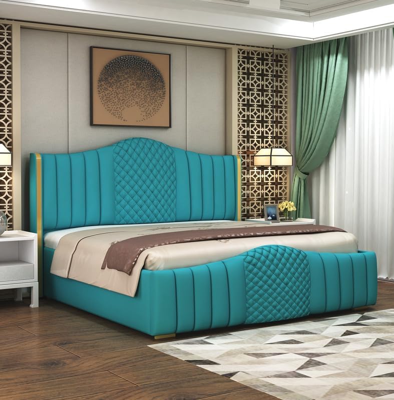 Image of King Size Modern Upholstered Bed with Box Storage for Bedroom | Solid Wood Platform Bed with Premium Fabric Headboard | Storage Double Bed for Master Bedroom & Modern Home Decor | Blue