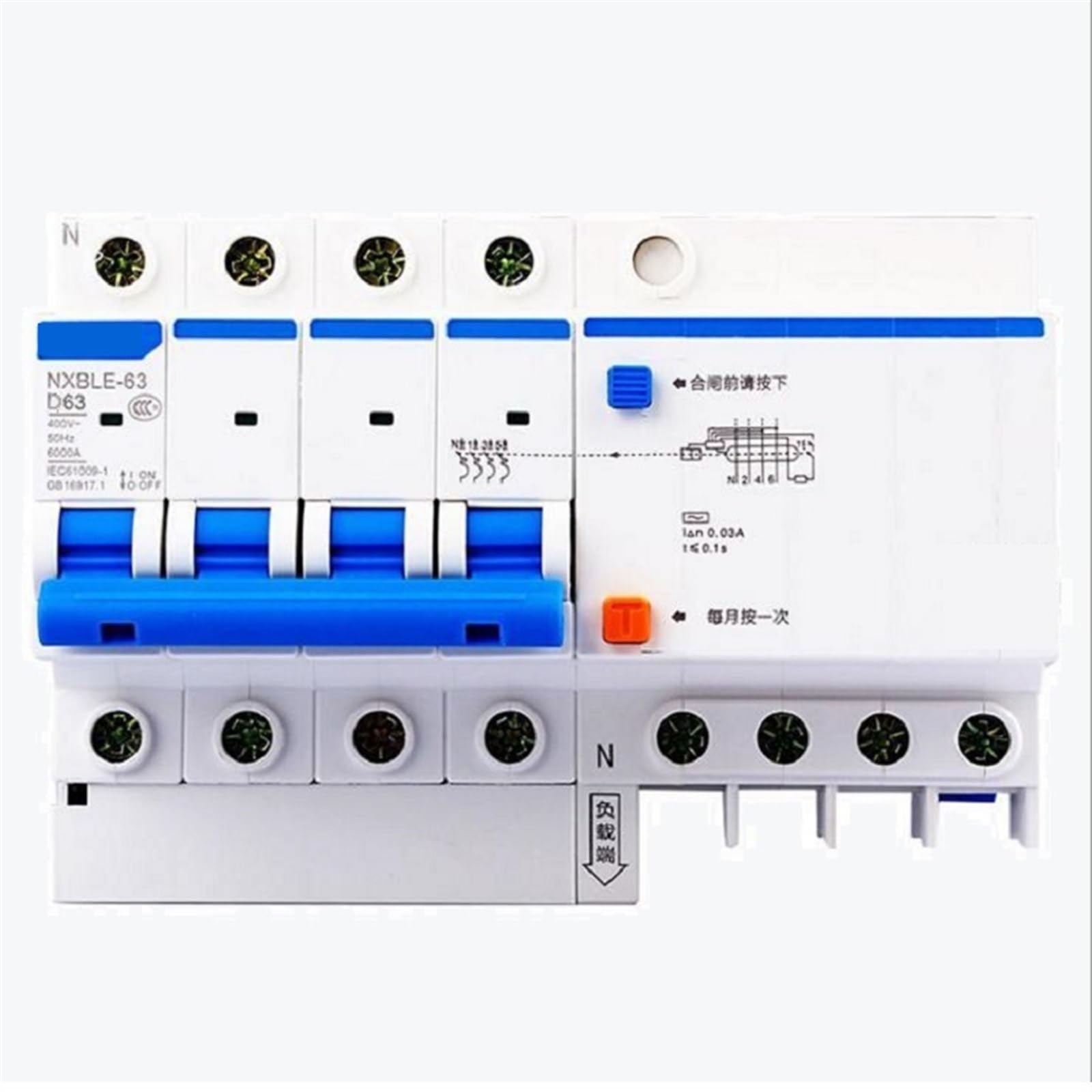 Disyuntor diferencial NXBLE-63 4P tipo D RCBO 6KA tipo D 4P 30 mA 50 Hz 1 unidad(10A)