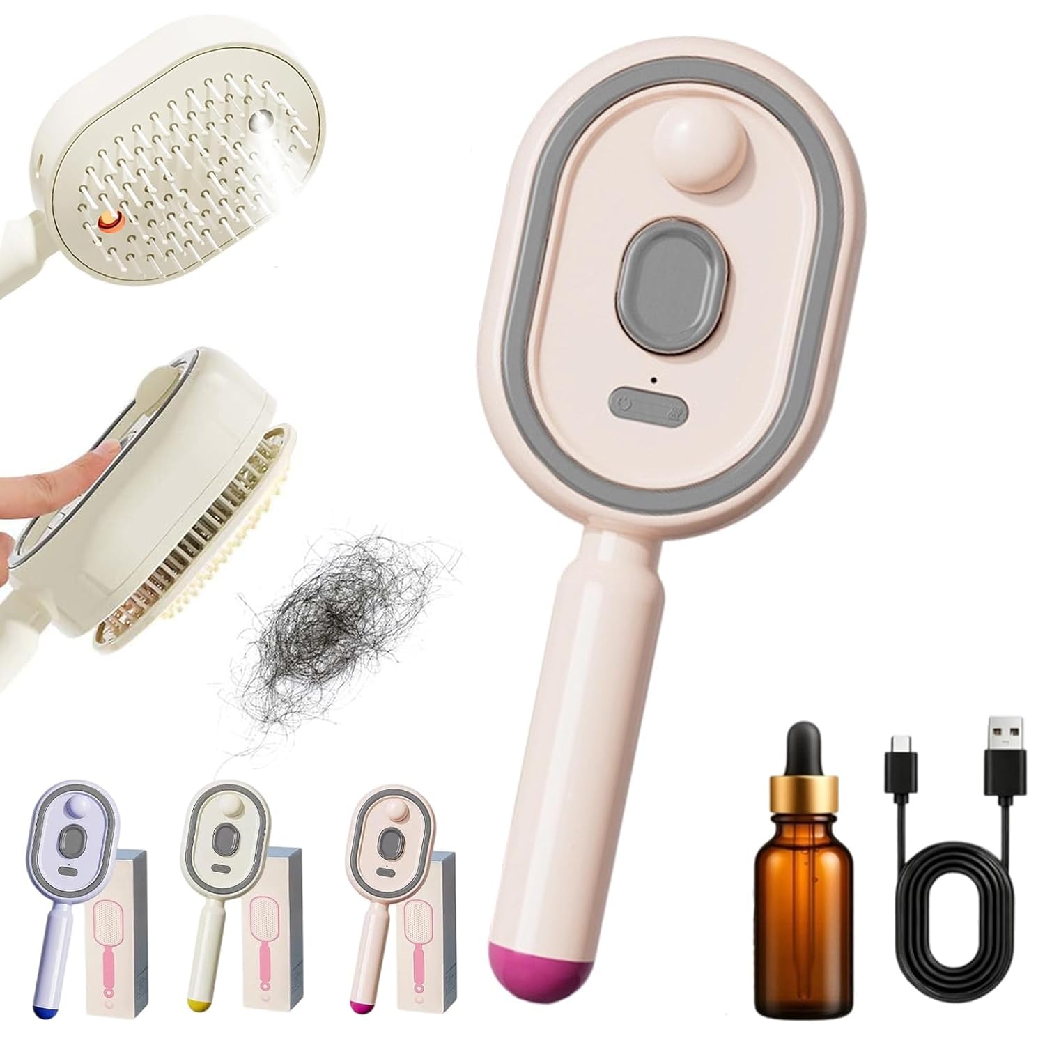 Brosse à vapeur électrique,fer à lisser à vapeur rechargeable avec spray,peigne massage à coussin d'air et spray électrique, peigne démêlant antistatique 3 en 1 et massage à coussin d'air (Pink)
