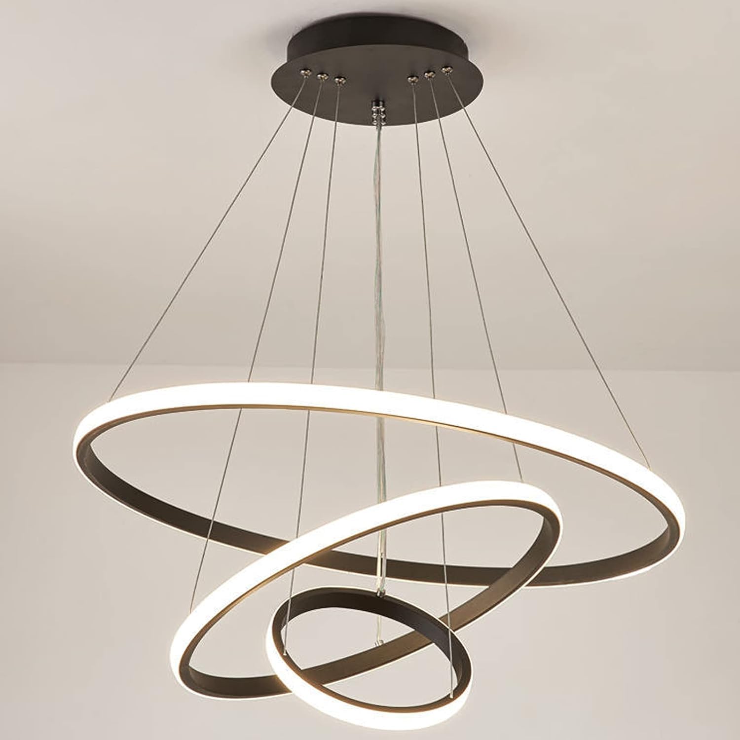 LED 3 Ring Pendant Lights, Modern Circular Dimmable Hanging Lamp Brown Finish Adjustable Ceiling Light for Kitchen Island Dining Living Room