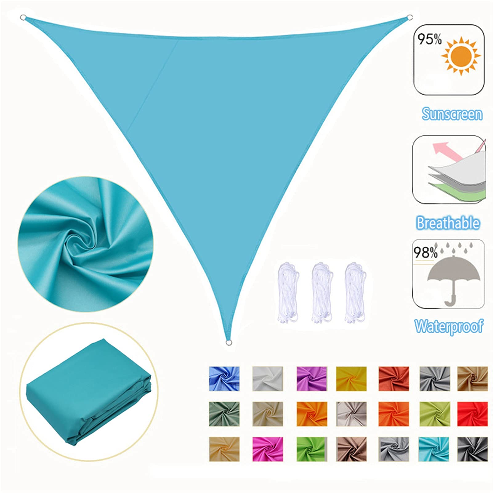 Vela parasole patio, 5X5X5M Sunsn Canopy Triangolare Telo ombreggiante Tessuto impermeabile 90% Protezione UV giardino Campeggio Prato Piscina Auto, Giallo sabbia, Turchese