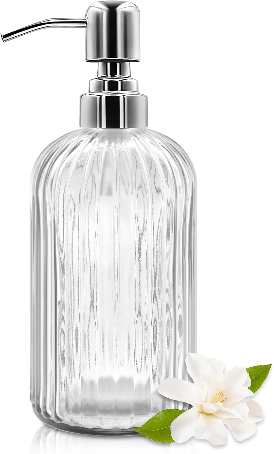 Dispensador de jabón de vidrio de 18 onzas con bomba de acero inoxidable, botella de jabón líquido recargable de diseño moderno acanalado para baño,