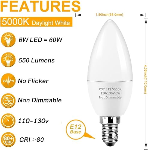 Kindeep E12 Candelabra Led Light Bulbs, 6W Candle Light Bulbs 60 Watt Equivalent, Daylight White 5000K Ceiling Fan Light Bulbs, 550 Lumens, E12 Candle Base, 6 Pack #TOP1