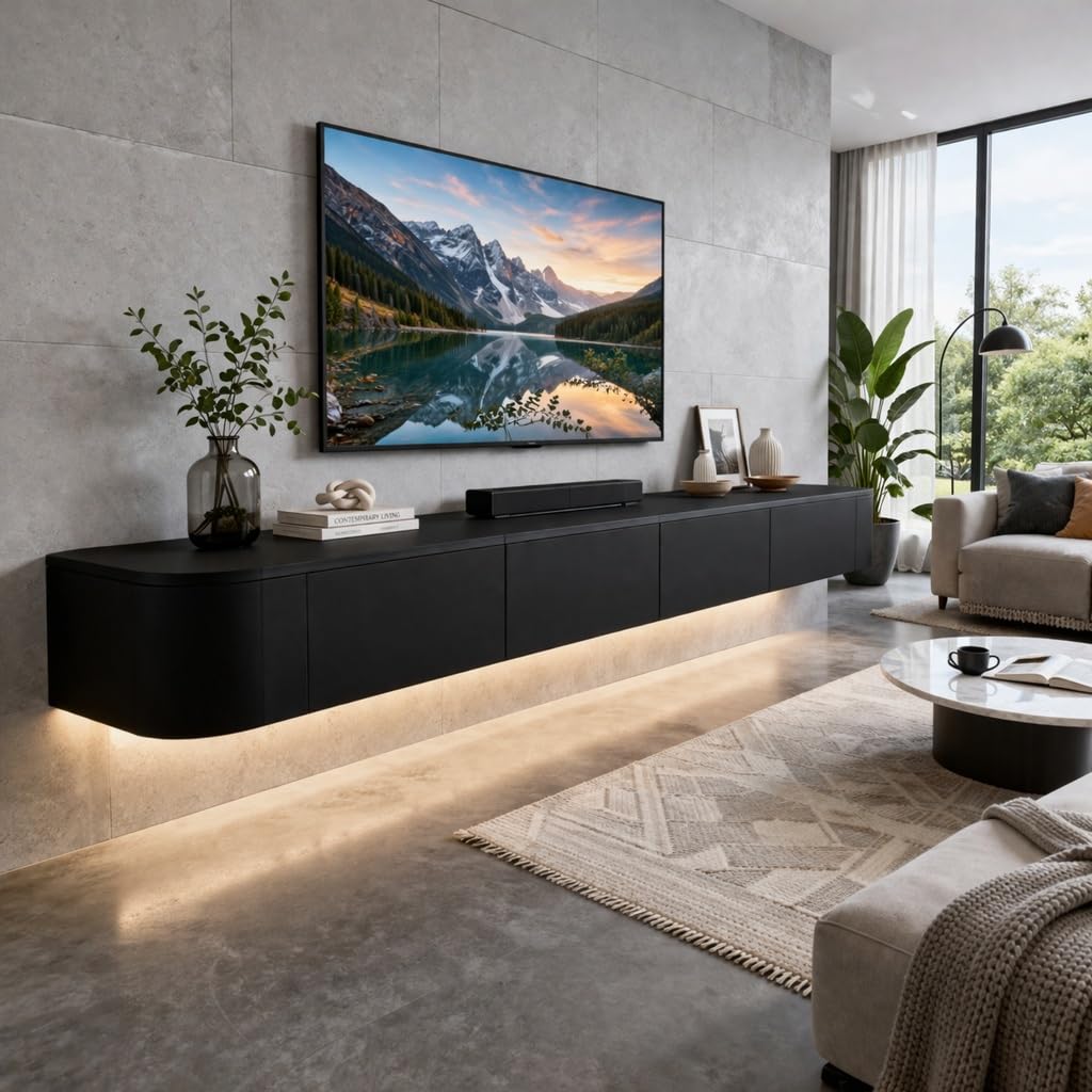 Floating TV Stand Wall Mounted Modern Floating Media Console With Storage Cabinets And Cable Management For Living Room Bedroom Wall Mounted TV Console Entertainment Center(Natural Oak LED,240cm)