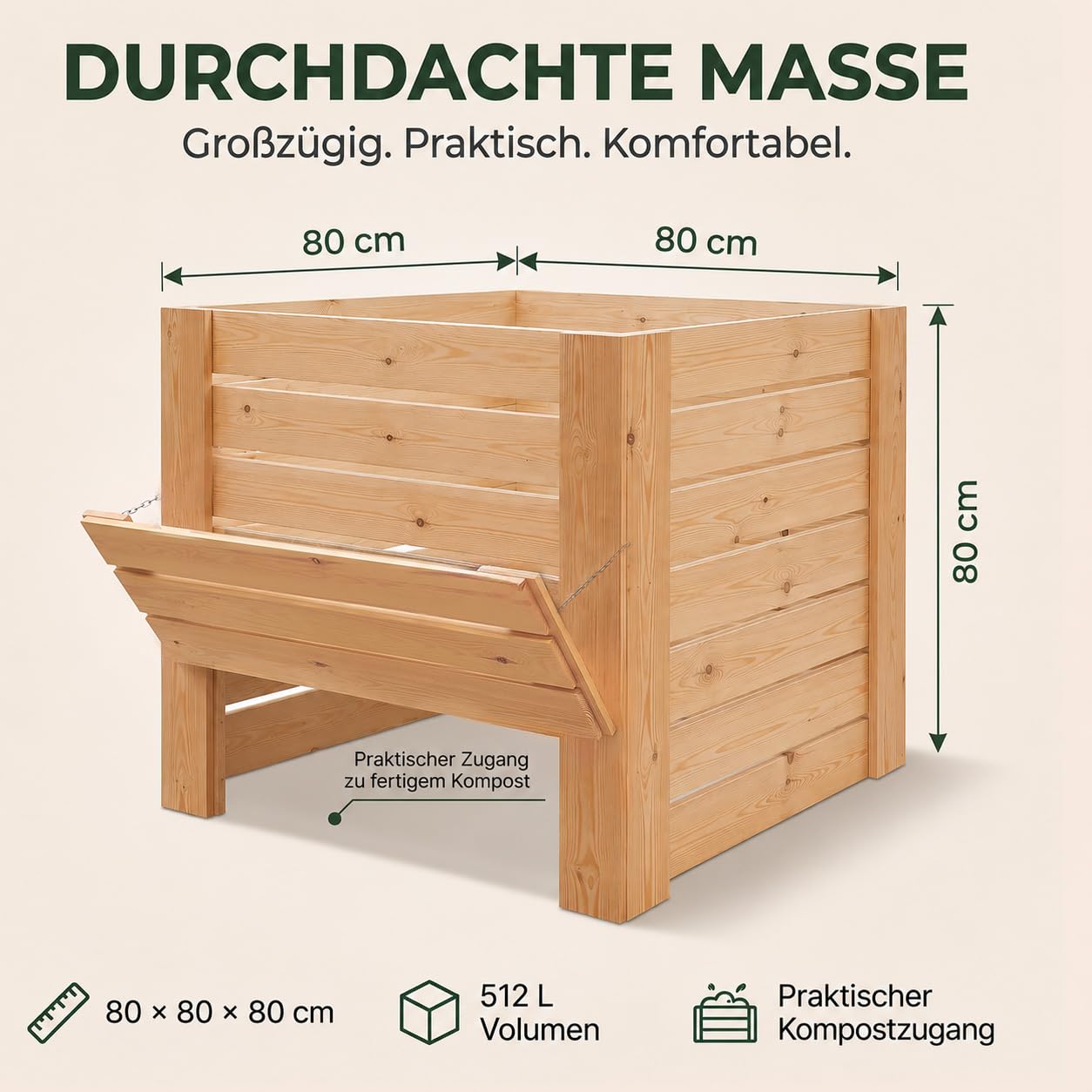 VELORA H&L Gartenkomposter 512 L - Komposter aus Naturholz mit Entnahmeklappe unten, Kompostbehälter für Garten- und Küchenabfälle