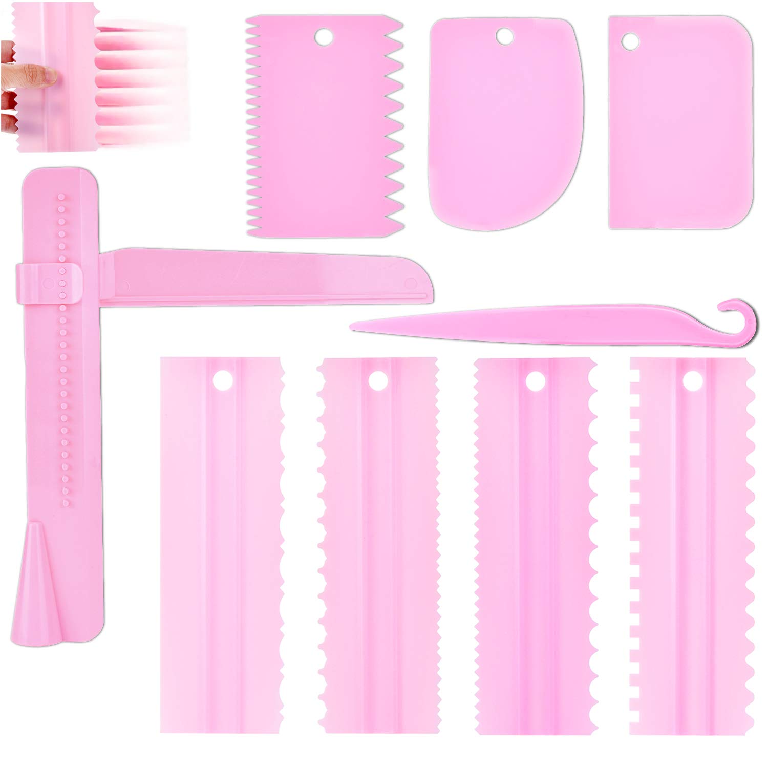 Cake Scraper Set of 9 Packs,Cake Decorating Comb and Icing Smoother, Plastic Sawtooth Cake Scraper Polishe, Decorating Cake Edge Kitchen Baking Mold DIY Tool (Pink)