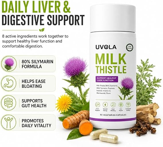 Uvola Milk Thistle Supplement, 80% Silymarin Liver Support Formula, Ease Bloating, Gut Health, Increased Vitality, 90 Capsules (1PC)