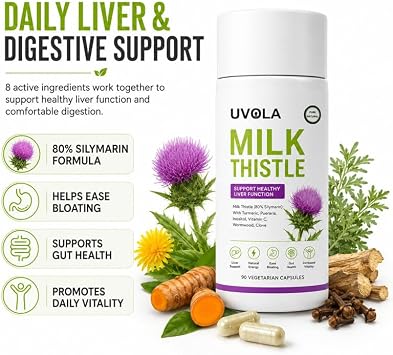 Uvola Milk Thistle Supplement, 80% Silymarin Liver Support Formula, Ease Bloating, Gut Health, Increased Vitality, 90 Capsules (1PC)