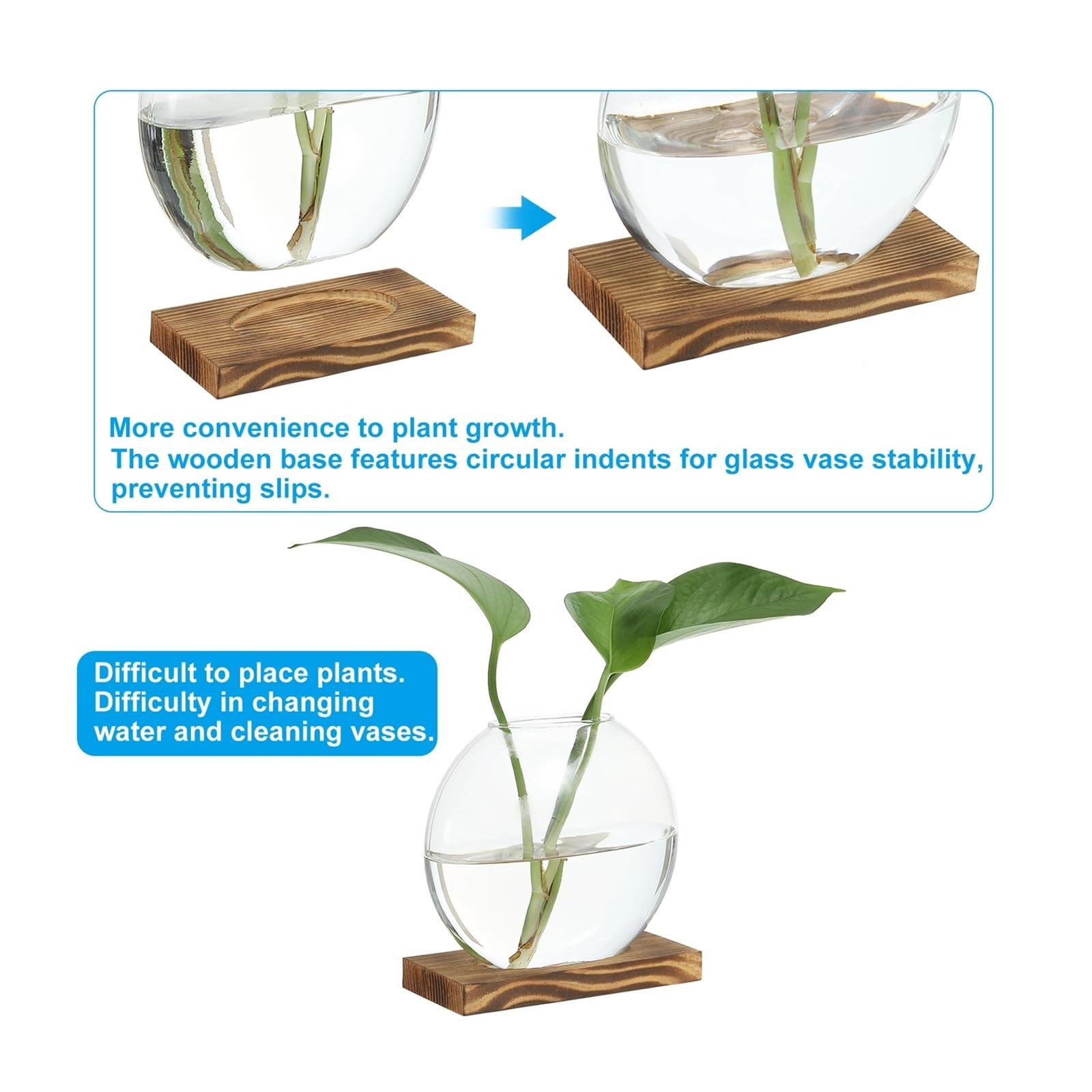 Soliflore en Verre Vase hydroponique en Verre avec Plateau Bois, 2 pièces, Vases à bourgeons, Station de Propagation des Plantes, Fleurs for Chambre Coucher, décoration Table Maison(Brown)