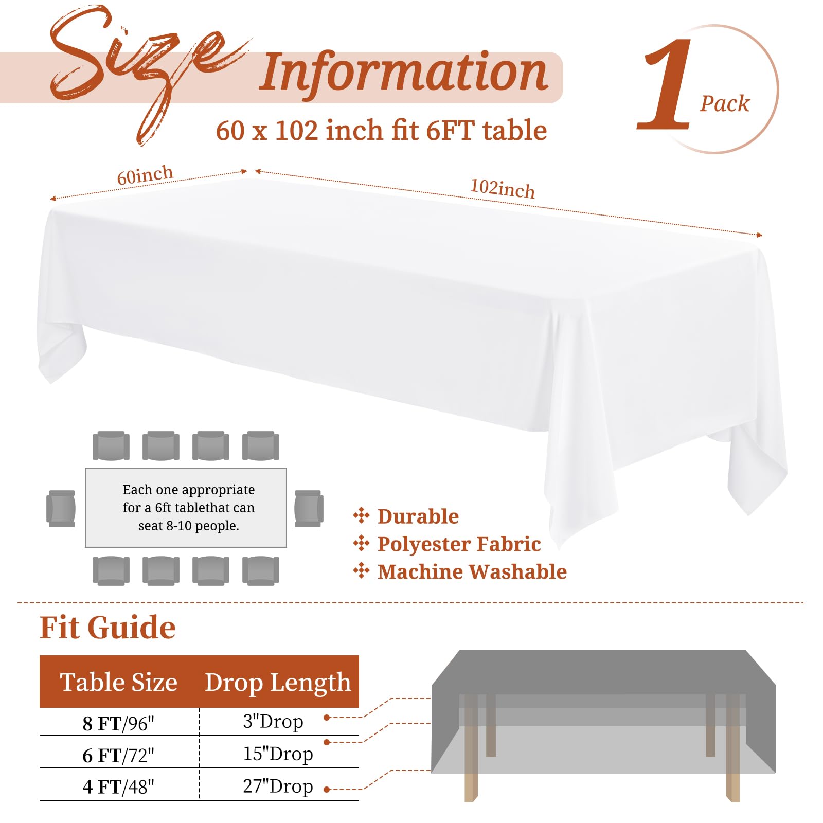 Showgeous White Tablecloths Rectangular Polyester Tablecloth for 6ft Rectangle Tables Washable White Fabric Table Covers for Wedding Banquet Restaurant Buffet Parties(153x260cm) - Image 2