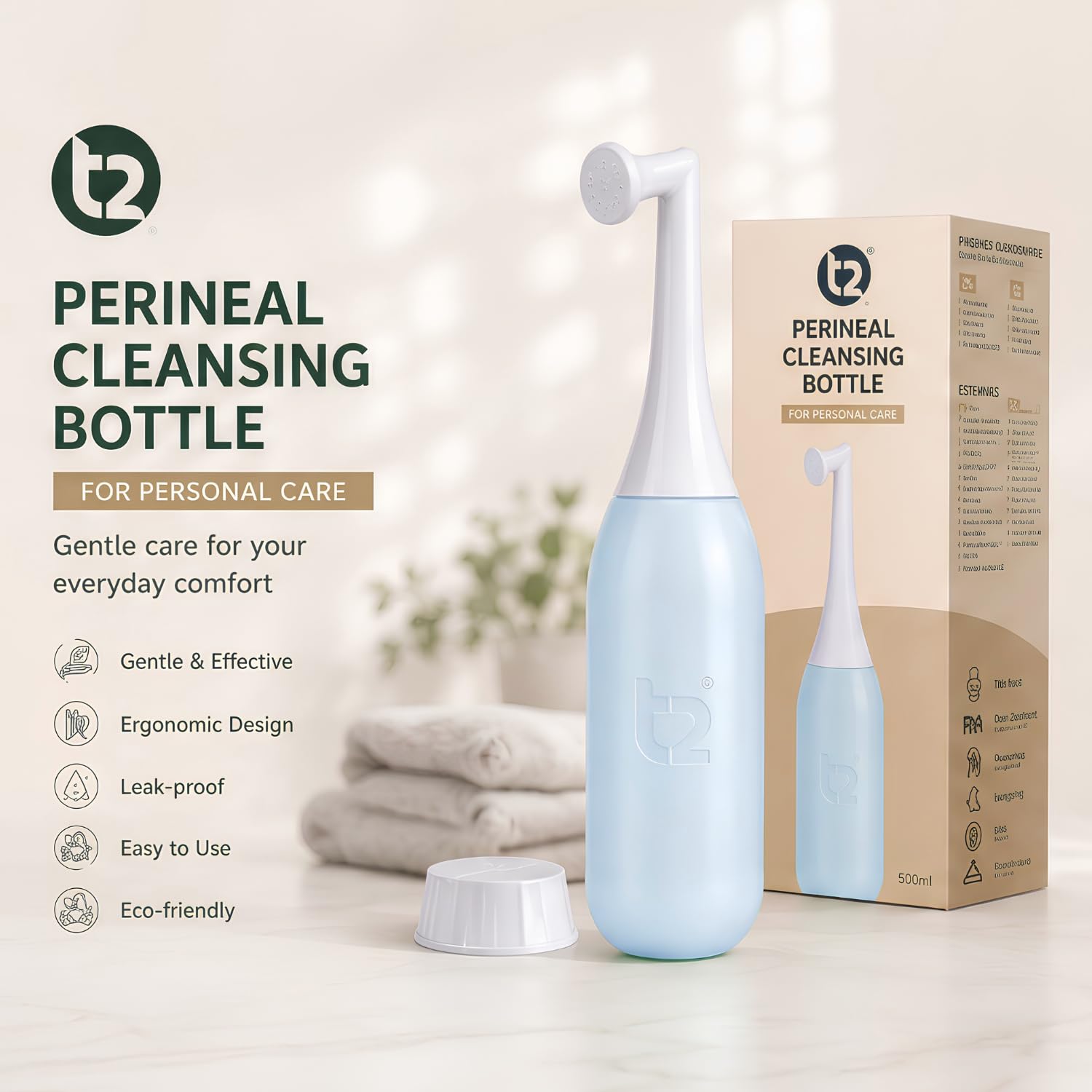 T2 500 ml Butelka Peri, butelka do czyszczenia krocza z nasadką pod kątem, przenośny bidet poporodowy, nakrętka do przenoszenia wody, torba podróżna, niebieski niebiański