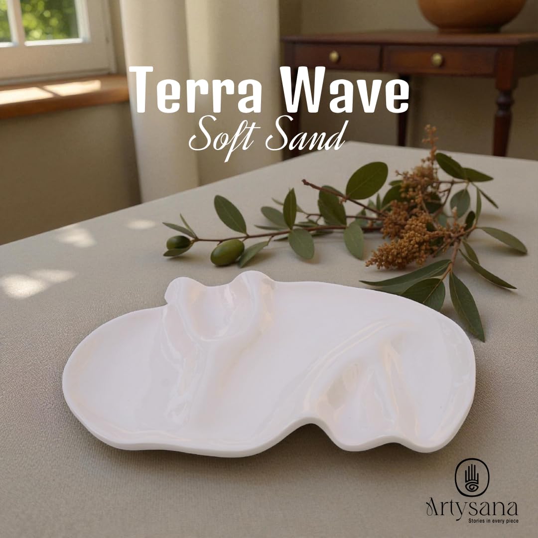 Terra Wave Handmade Ceramic Cheese Board, Serving Platter, Organic shape, Modern Charcuterie and Appetizer Plate, Premium Artisanal Tableware, Mediterranean Design, Premium gift (Soft Sand)