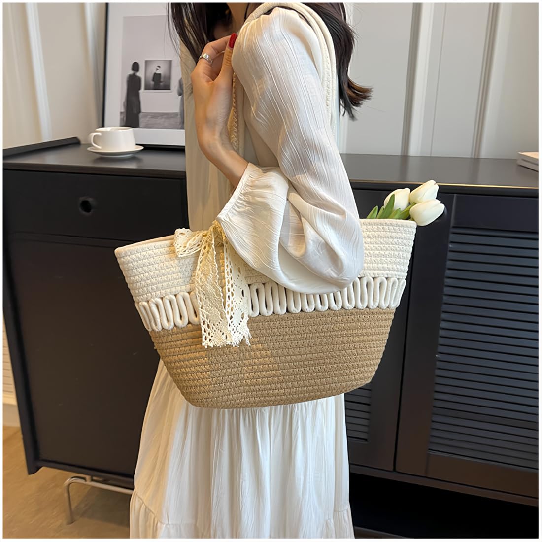Pahajim Sac Cabas Femme Sac Fourre Tout Sacs a Main Crochet en Corde de Coton Chic Sacs Panier avec Fermeture Éclair pour Voyage Vacances
