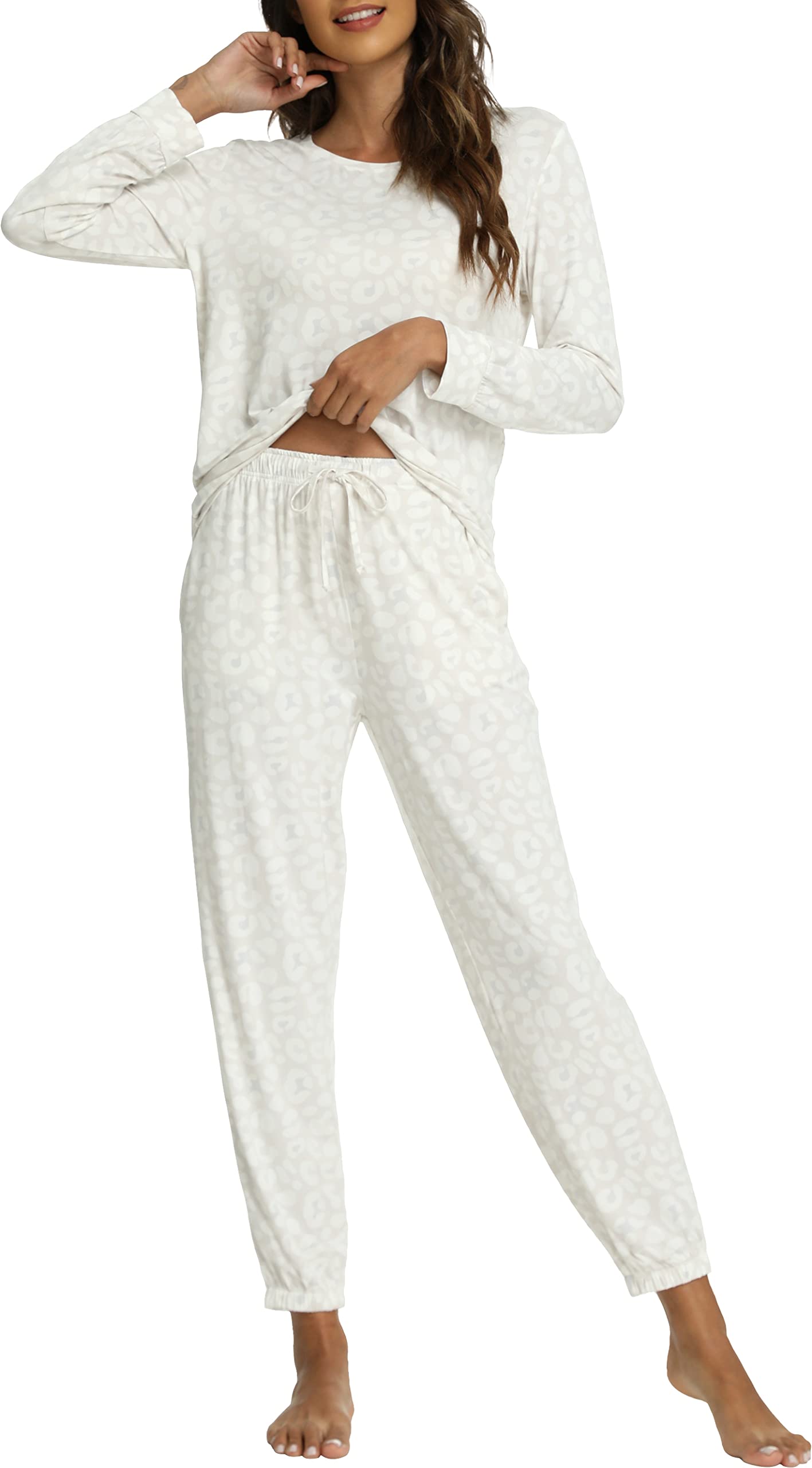 GYS Womens Pajamas Set - Viscose Made from Bamboo Long Sleeve Sleepwear Tops with Jogger Pants Lounge Pjs