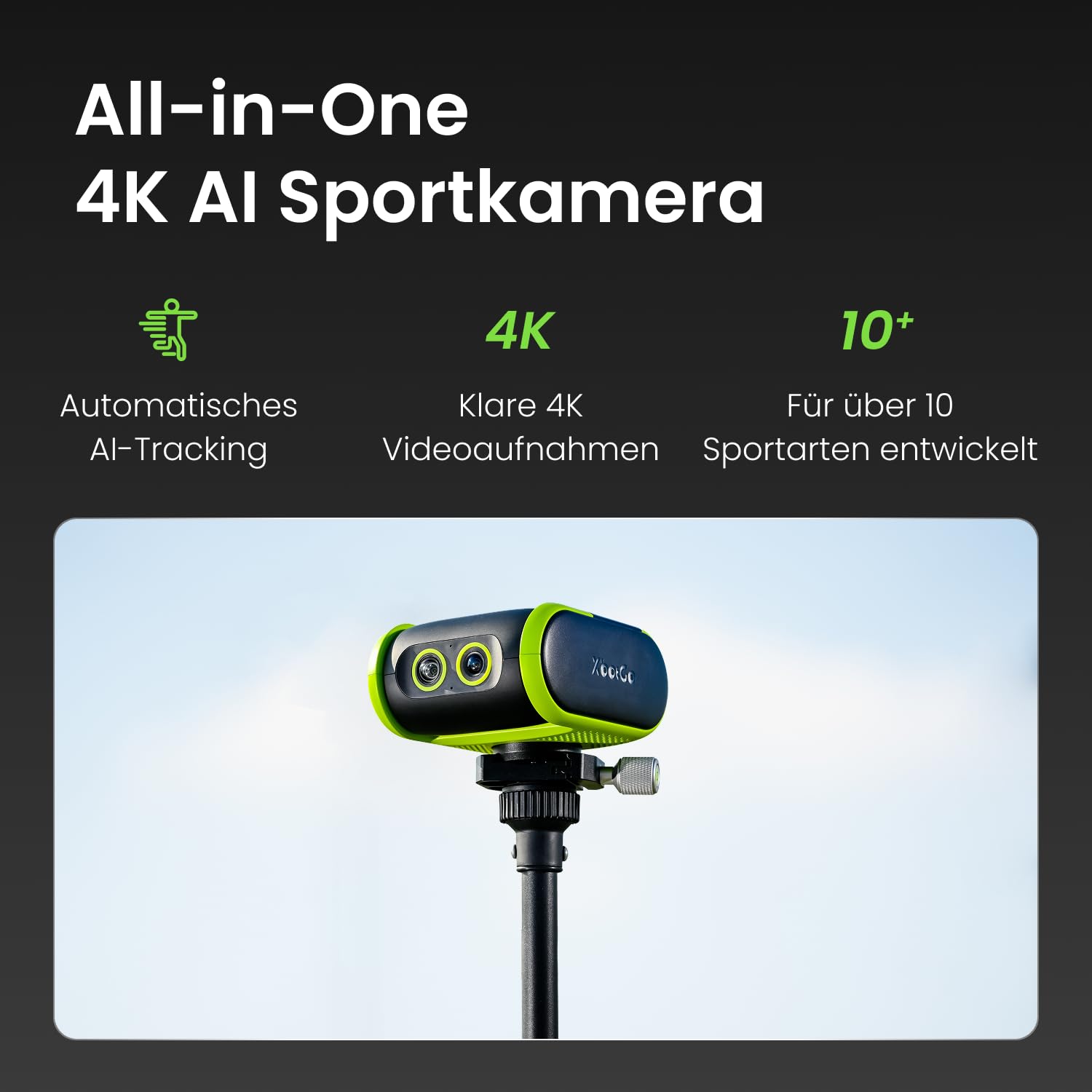XbotGo Falcon 4K AI Sport Kamera mit Auto Tracking – Fußball & Basketball für Teams, Action Cam mit Livestreaming ohne ABO, Dual-Kamera, bis zu 4,5 Std. Aufnahme, Stabilisierung(Edge Green)