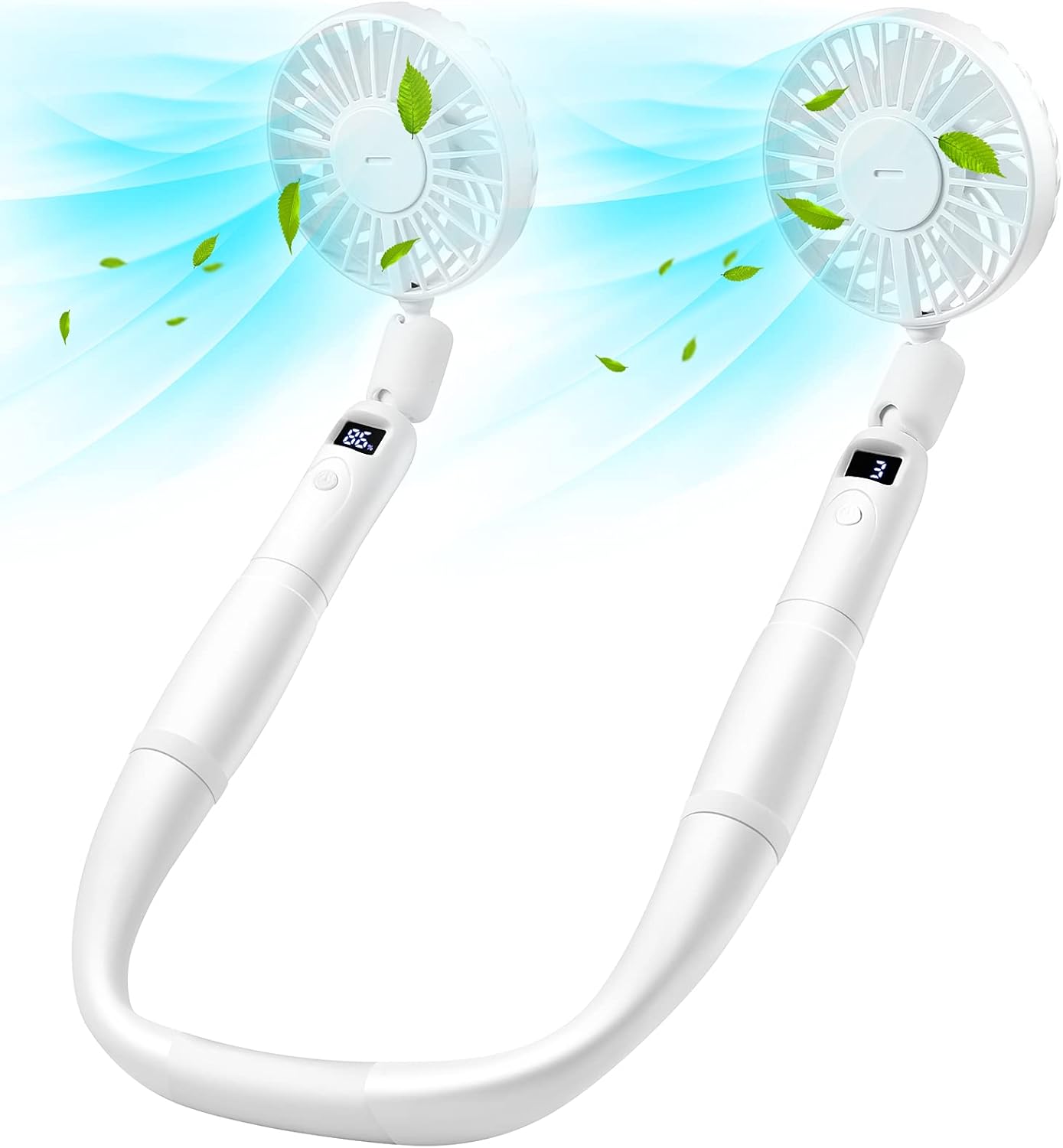 Ventilador Cuello y Ventilador de Mano , 2 en 1 Ventilador Portátil Mini Ventilador de Cuello recargable con pantalla LED y Rotación Libre de 360 °, Ideal para Oficina, Viajes, etc. (White)