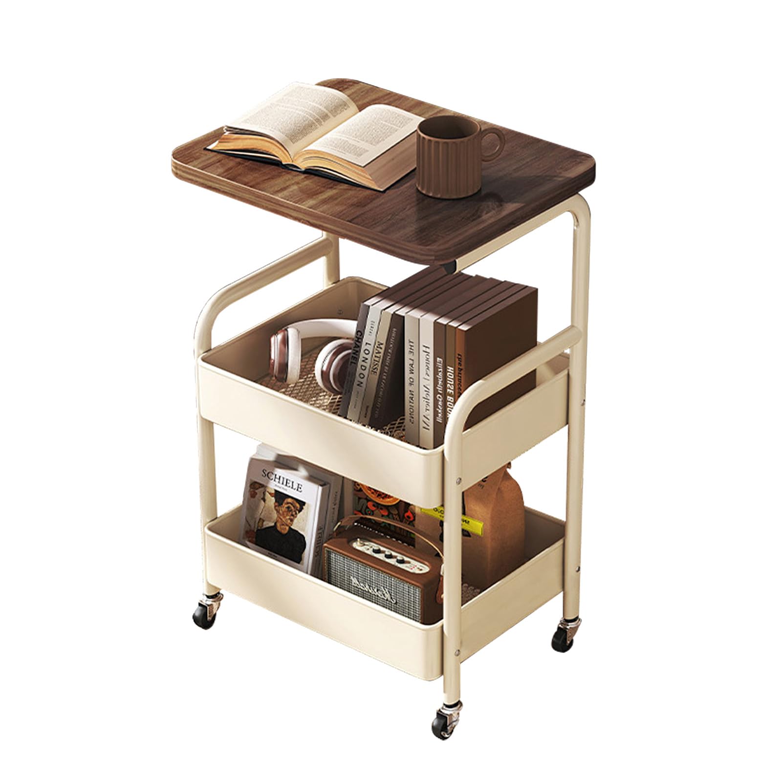 LLHONG 3-Tier Trolley, Kitchen Trolley on Wheels, Multifunctional Cart with Wooden Shelves and Metal Baskets, Floor-Standing Storage Trolleys, Suitable for Kitchen, Bedroom, Bathroom, Office (White)