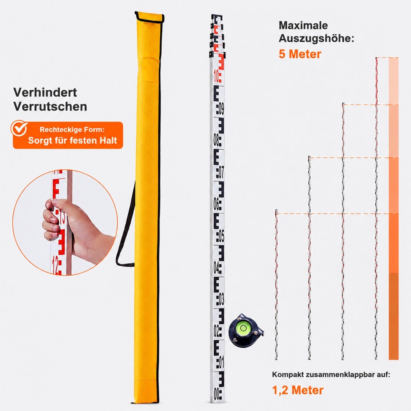 Teleskop Messlatte mit metrischer Skala, Libelle und Tragetasche für Nivellierung und Baustellenmessung