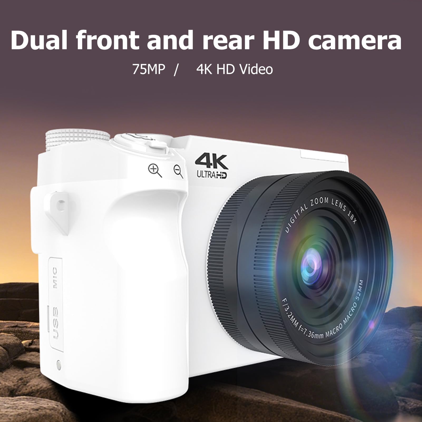 Macchina Fotografica Digitale 4k, Videocamera Digitale Wifi Con Doppio Obiettivo Automatico Con Zoom Uhd 18x Da 75mp Con Flash E Microfono Fotocamera Vlog Portatile Ricaricabile (BLACK) (WHITE)