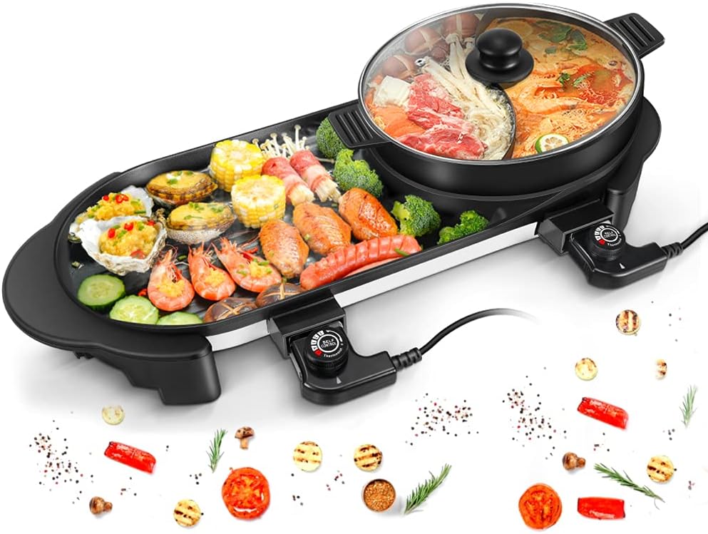 Electric Grill Hot Pot, Multi-functional Barbecue Grill Indoor Shabu Hot Pot Chafing Dish, Double Split Large Capacity Household Non-Stick Pan