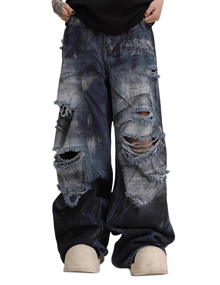 Unisex Y2K Distressed Baggy Wide Leg Jeans for Men Women - Vintage Washed Ripped Denim Streetwear Pants