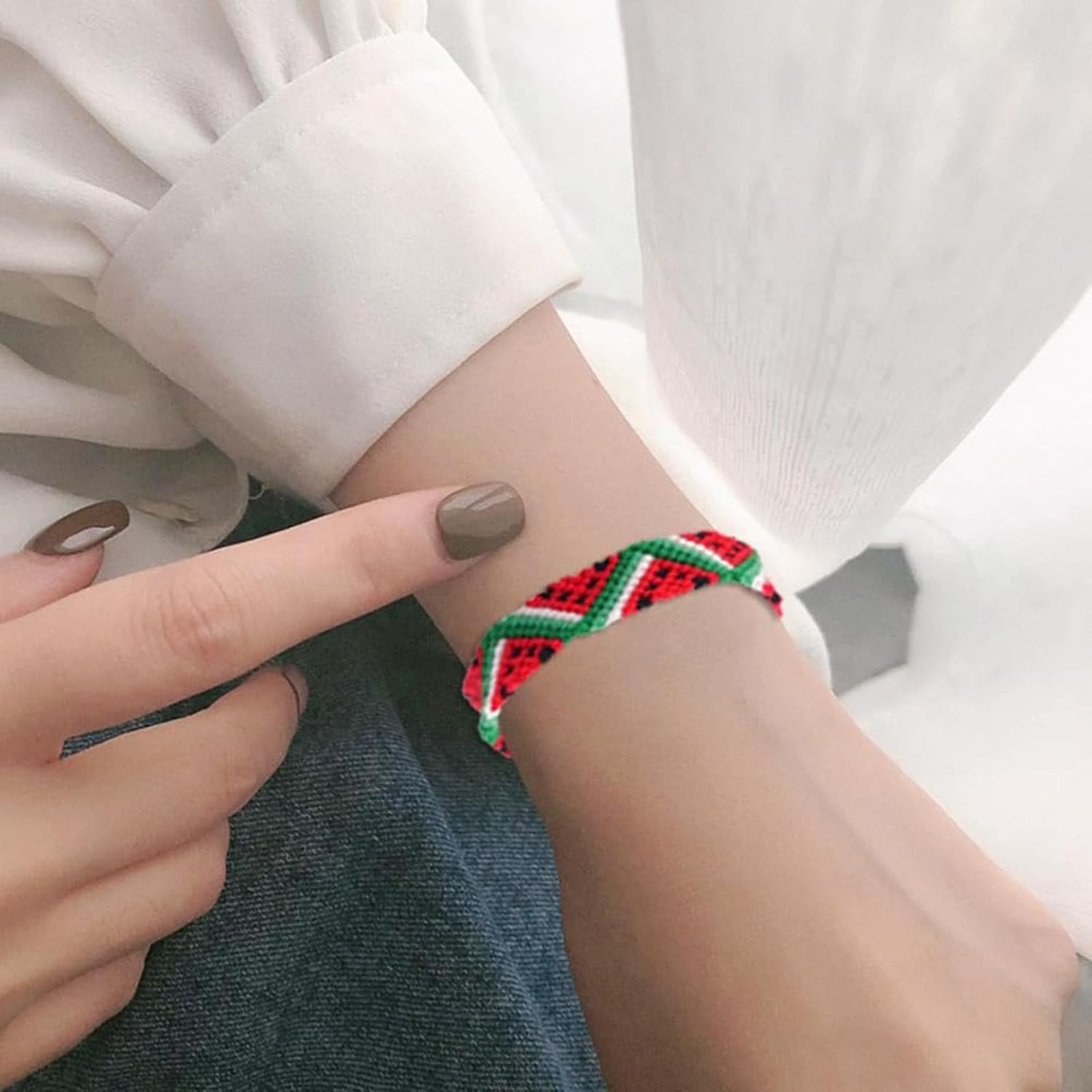 Handmade Geometric Bracelet Watermelon Pattern Bracelet Woven Bracelet Adjustable Cotton Friendship Bracelet for Woman - Image 4