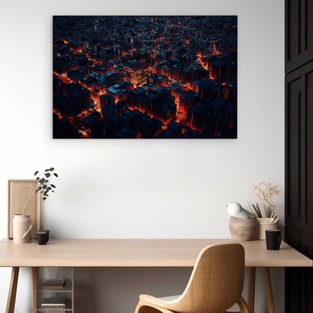 Canvas for Living room. Illuminated Intrigue: Exploring the Mystery of the Crimson-Lit Cityscape, 27 x 18 inch Canvas Wall Art - Modern Home Decor