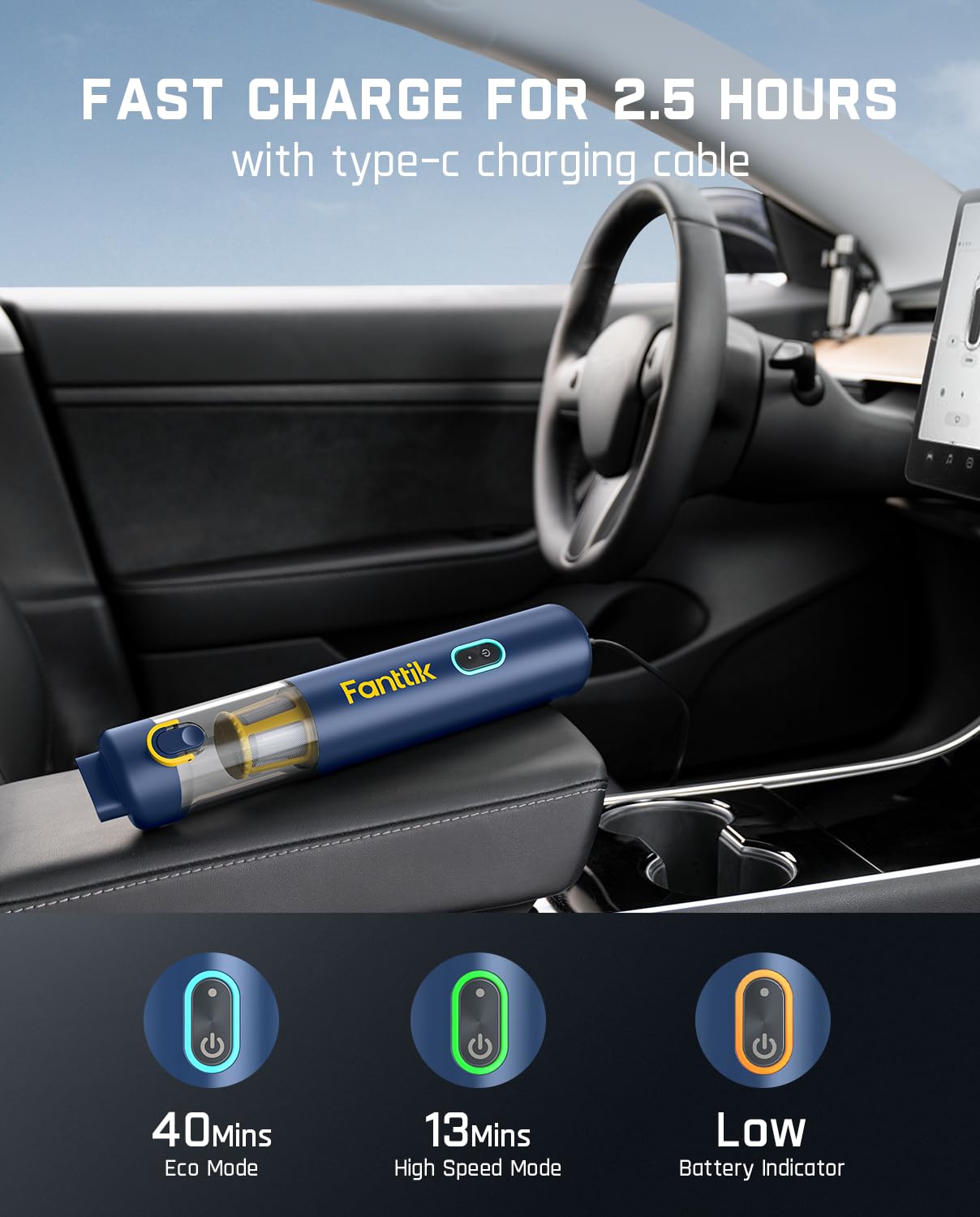 Fanttik Slim V8 APEX Cordless Car Vacuum & Air Duster, 4-in-1 Portable Mini Vacuum with 19000pa Suction Power for Pet Hair, Type-C Charge, One-Touch Empty for Car, Office Desk, Keyboards (Blue) view 7