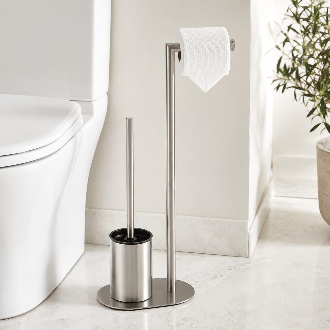Piantana Bagno Portarotolo e Scopino WC da Terra in Acciaio Inox Spazzolato, Porta Carta Igienica Salvaspazio con Scopino per Bagno Moderno, Supporto Autoportante per Toilette